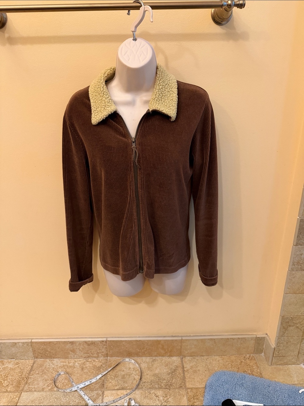 Super Soft Lightweight Brown Corduroy Zip Jacket / Cardigan with Sherpa Collar